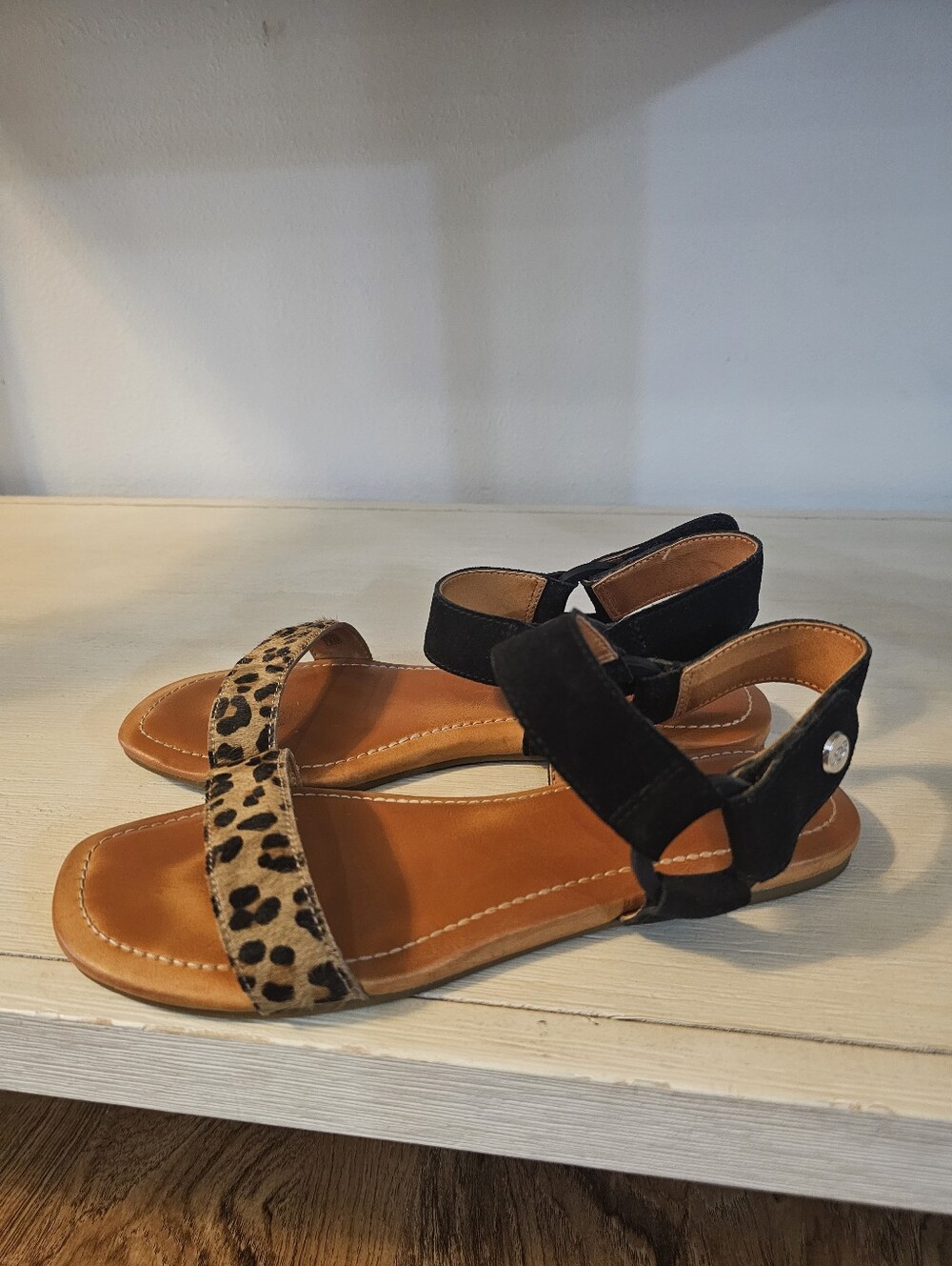 UGG Black & Leopard Print Leather Ankle-Strap Sandals
